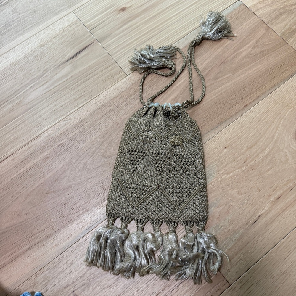 Crochet Drawstring Bag Small Beige Vintage Boho Tassel Festival Cottagecore
